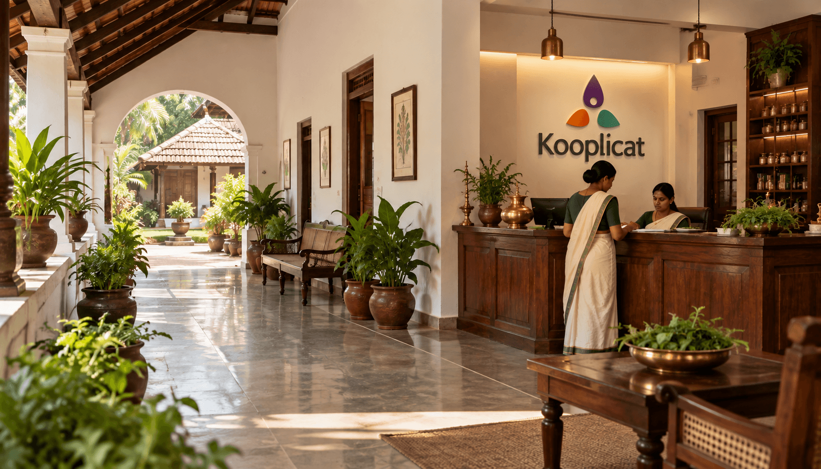 Reception and corridor of Kooplicat Ayurveda Hospital, a NABH-accredited Ayurveda hospital in Kottayam, Kerala