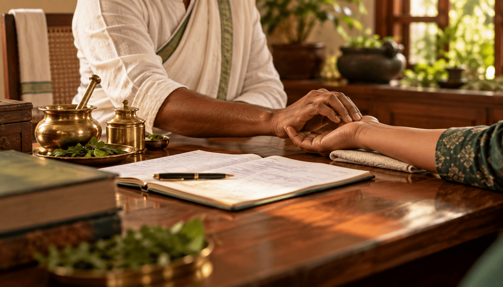 Ayurvedic physician performing pulse diagnosis during a consultation at an Ayurveda hospital in Kerala