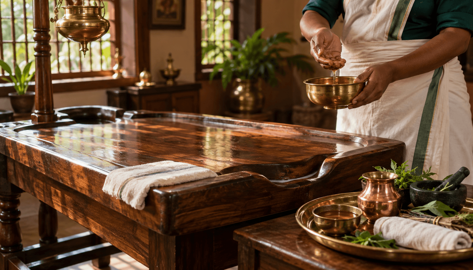 Traditional Kerala Ayurvedic Droni table prepared for Poorva Karma therapy in Kottayam